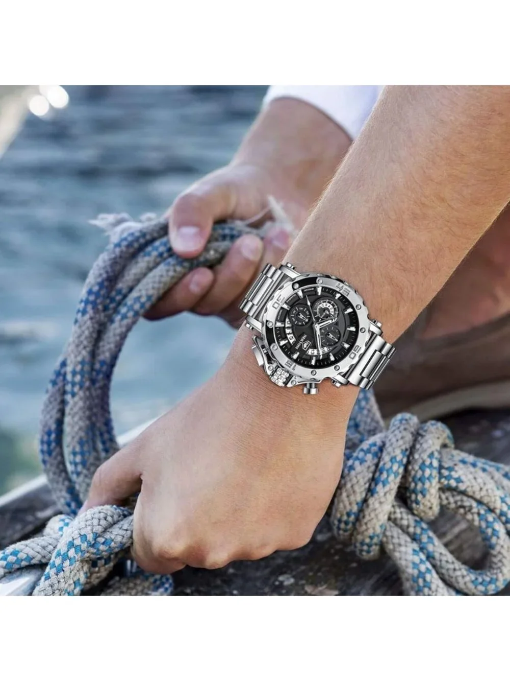 Men Silver Stainless Steel Analog Chronograph 3ATM Waterproof Luxury Wrist Watch